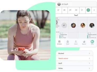 A collage showing the Mindbody Business app for Pilates businesses
