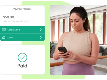 A collage showing Mindbody payment processing for sports facilities